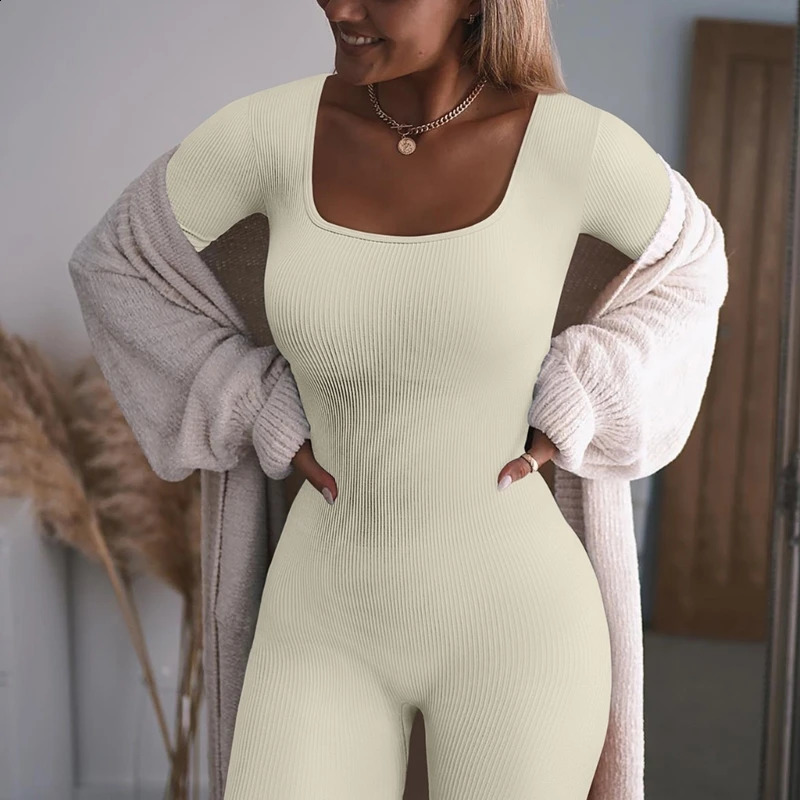 Women Ribbed Jumpsuit Thumbhole Long Sleeve Square Neck Bodycon Romper MXMA 240129
