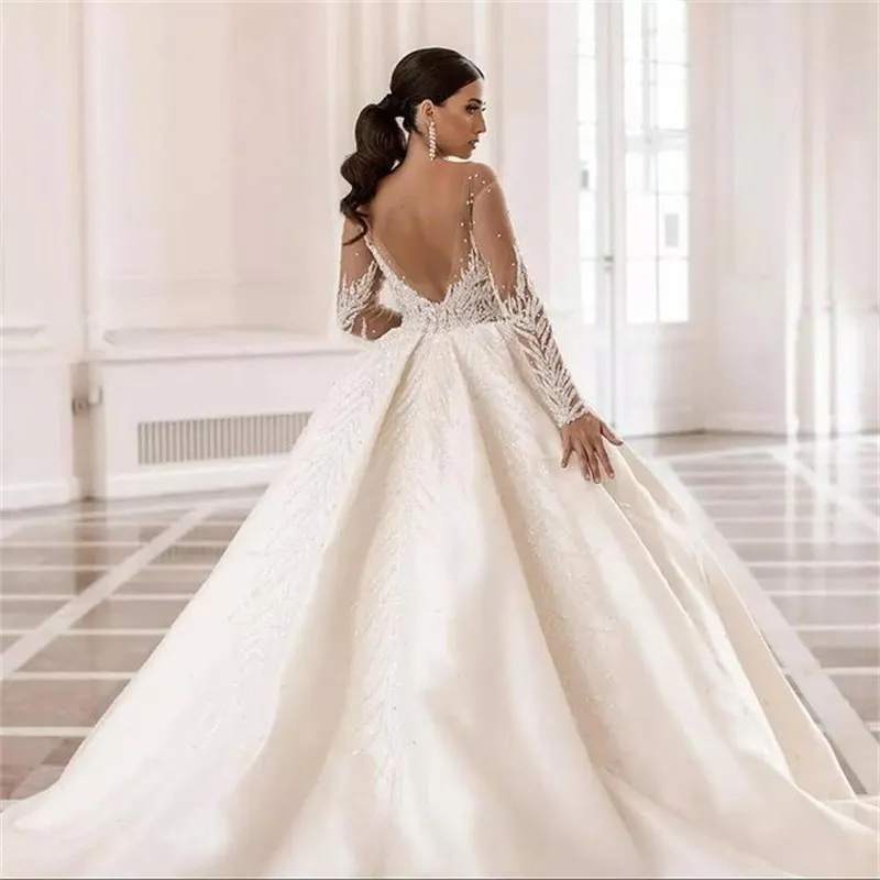 Beads Arabic Dubai Crystals Ball Dresses Vestido De Noiva Soft Tulle Long Sleeve Wedding Bridal Gown