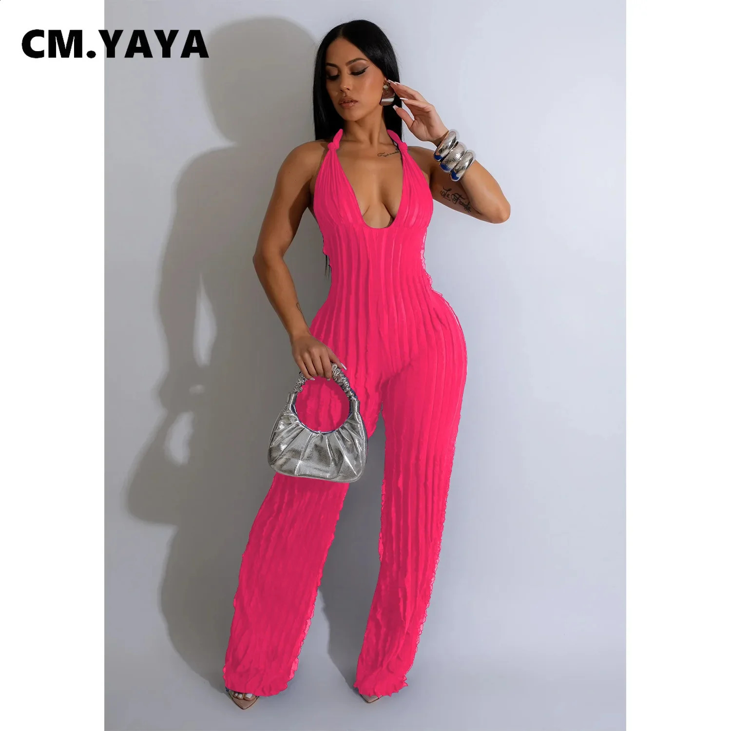 CM.YAYA Fashion Ruffles Women Halter Deep V-neck Backless Wide Leg Jumpsuit Sleeveless Chic Playsuit Suit Romper 240129