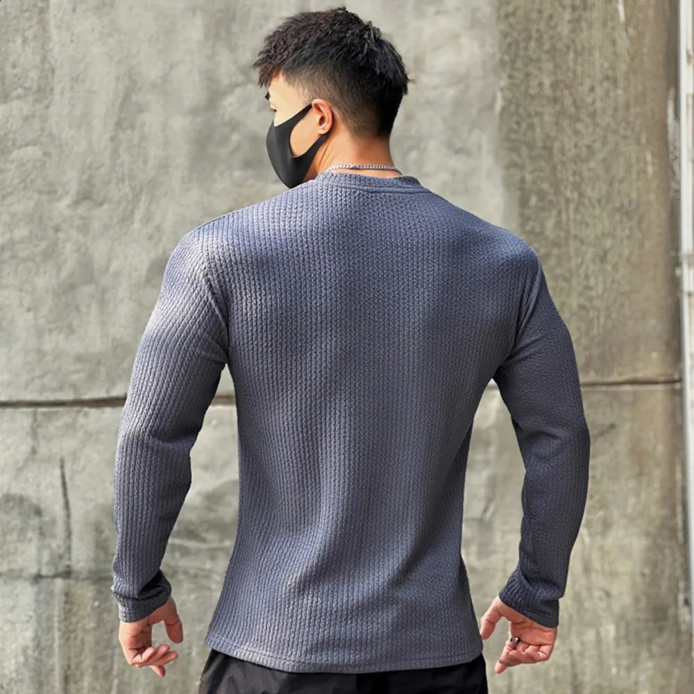 Autumn Winter Casual Tshirt Men Long Sleeves Solid Shirt Gym Fitness Bodybuilding Tees Tops Male Fashion Slim Stripes Clothing 240129