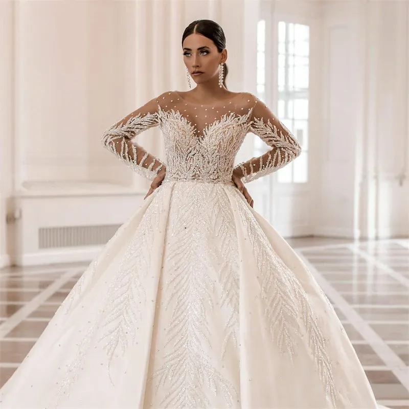 Beads Arabic Dubai Crystals Ball Dresses Vestido De Noiva Soft Tulle Long Sleeve Wedding Bridal Gown
