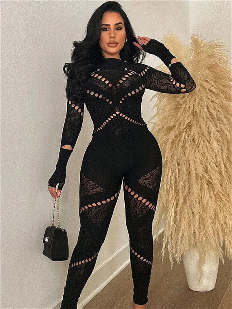 Summer Outfits Streetwear Jumpsuits Women Long Sleeve Bodycon Rompers Jumpsuit Skinny Blue Mesh See Though Overalls 240129