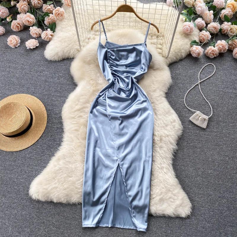 Casual Dresses Summer 2024 Satin Dress For Women Elegant Spaghetti Strap Sleeveless Ruched Slim Cross Split Sexy Evening Party Long