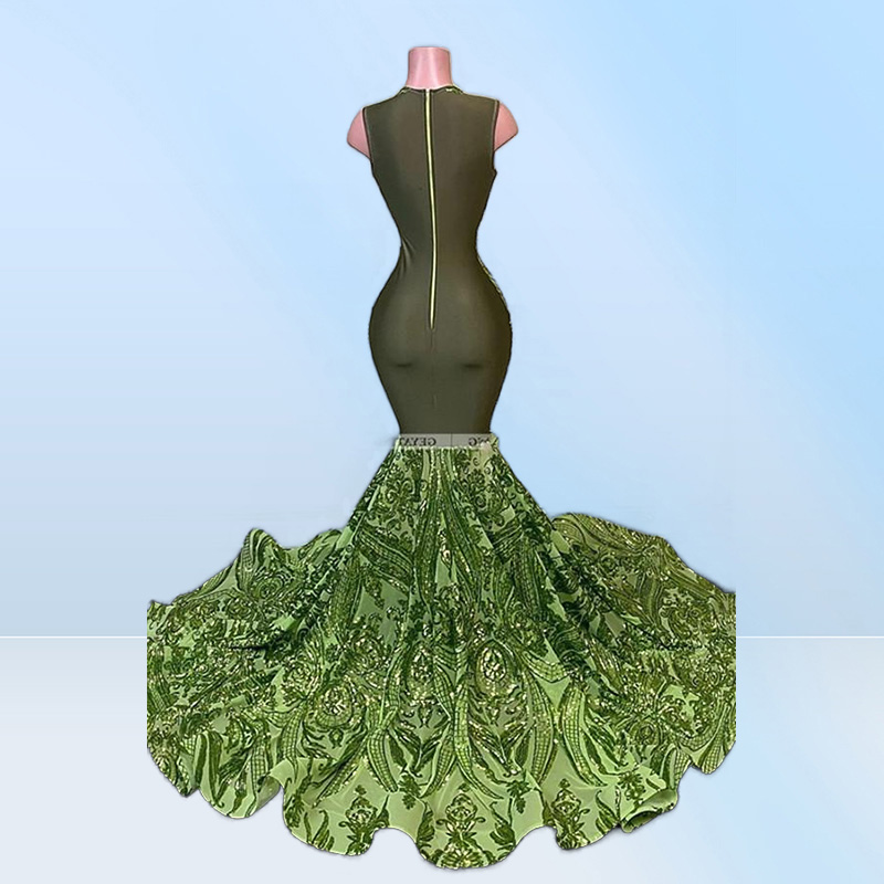NEW Sparkly Sequin Olive Green Mermaid African Prom Dresses Black Girls Long Graduation Dress Plus Size Formal Evening Gowns