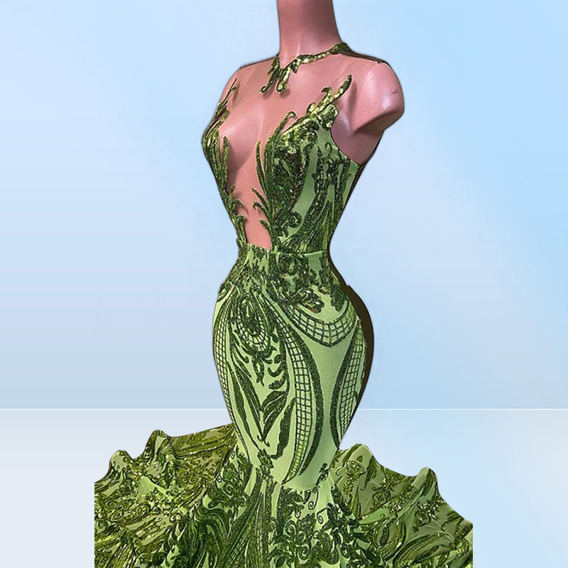 NEW Sparkly Sequin Olive Green Mermaid African Prom Dresses Black Girls Long Graduation Dress Plus Size Formal Evening Gowns
