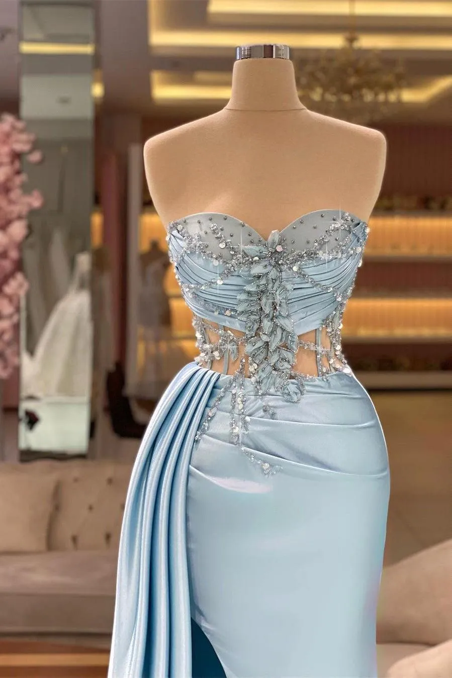Charming Light Blue Mermaid Evening Illusion Top Crystals Sweetheart Pleats Satin Split Party Ocn Gowns Prom Dresses Wears BC 0920
