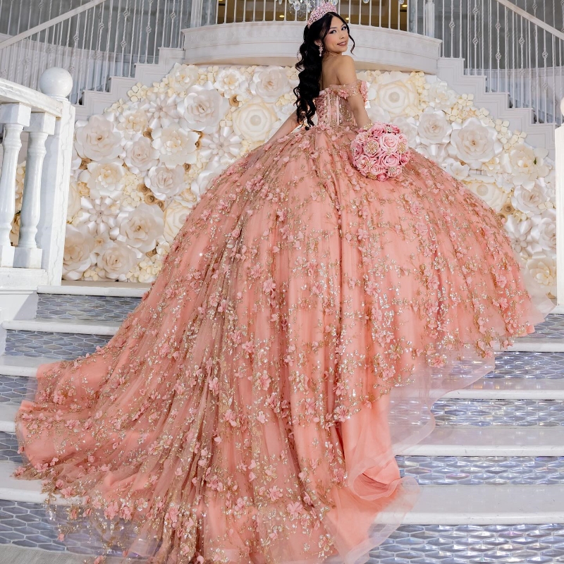 Pink Off The Shoulder 3D wers Ball Gown Quinceanera Dresses Ruffles Sequined Gold Appliques Lace Beads Tull Corset Vestidos De 15 Anos Sweet 16 Dress