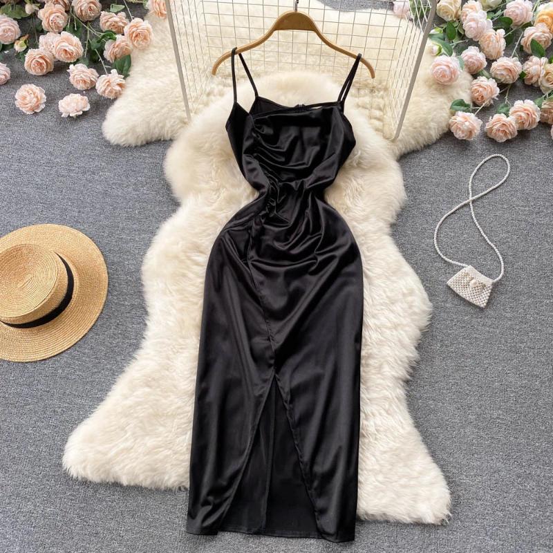 Casual Dresses Summer 2024 Satin Dress For Women Elegant Spaghetti Strap Sleeveless Ruched Slim Cross Split Sexy Evening Party Long