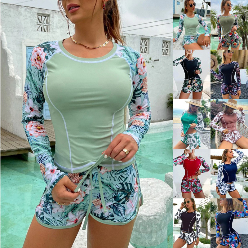 2024 Sexy Womens New European and American Surfing Suit Long sleeved Anti Diving Suit Printed Flat Angle Split Conservative Swimwear for Women