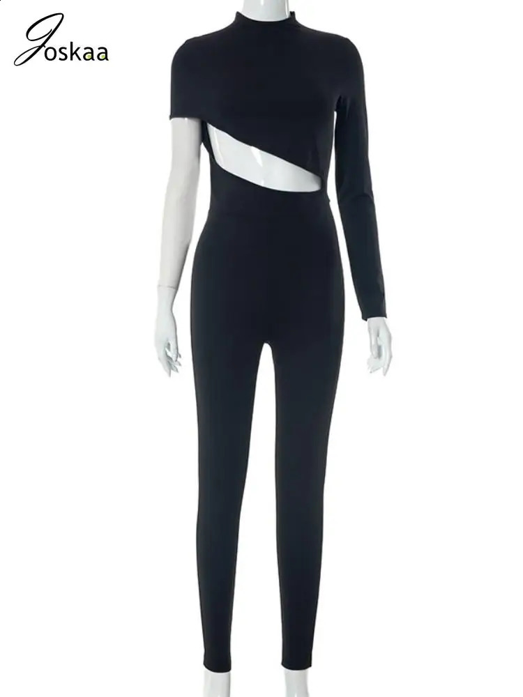 Joskaa Sexy Cut Out Irregular Black Jumpsuits Women Hipster Long Sleeve Rompers Fall Fashion Overalls Streetwear 240129
