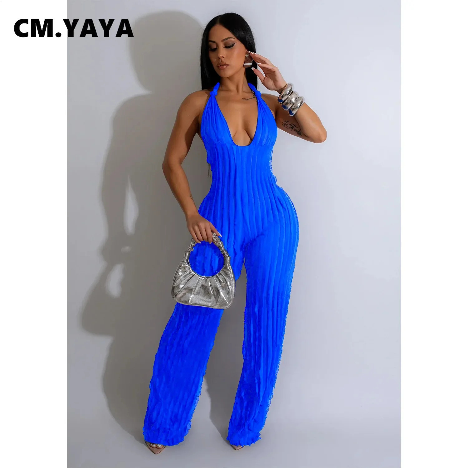 CM.YAYA Fashion Ruffles Women Halter Deep V-neck Backless Wide Leg Jumpsuit Sleeveless Chic Playsuit Suit Romper 240129