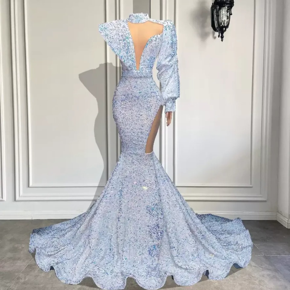 Stunning Long Sleeve High Neck Sexy Mermaid Style White Sparkly Veet Sequin African Black Girls Prom Dresses Bc14555