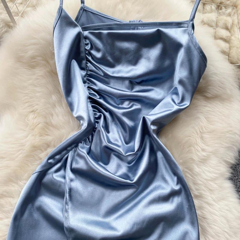 Casual Dresses Summer 2024 Satin Dress For Women Elegant Spaghetti Strap Sleeveless Ruched Slim Cross Split Sexy Evening Party Long