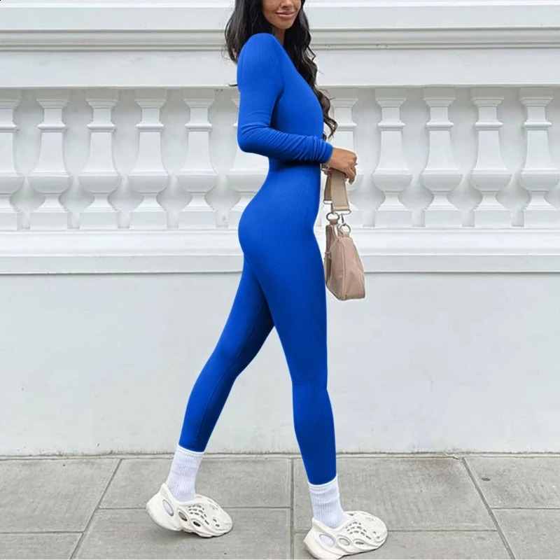 Women Ribbed Jumpsuit Thumbhole Long Sleeve Square Neck Bodycon Romper MXMA 240129