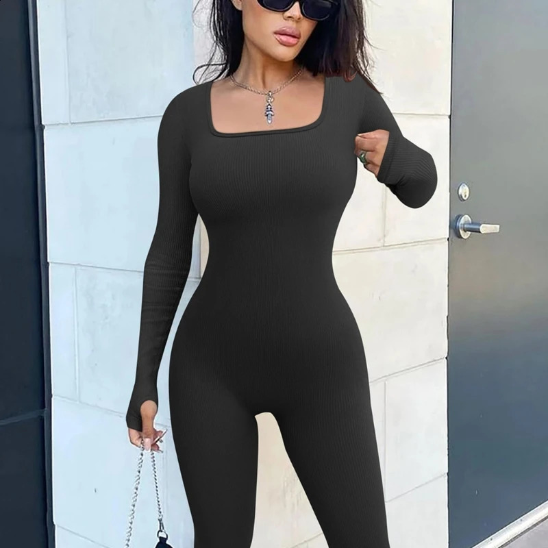 Women Ribbed Jumpsuit Thumbhole Long Sleeve Square Neck Bodycon Romper MXMA 240129