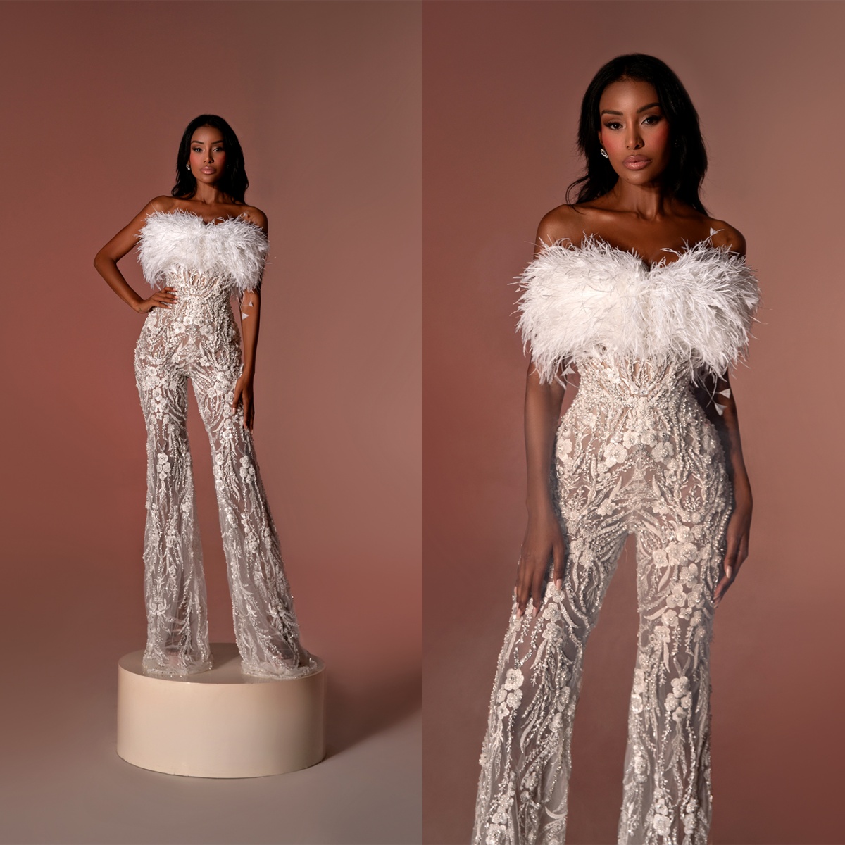 Classic Feather Wedding Dress Sequins Pearls Bridal Gowns Appliques Lace Illusion Custom Made Bride Dresses Vestido De Novia 0219