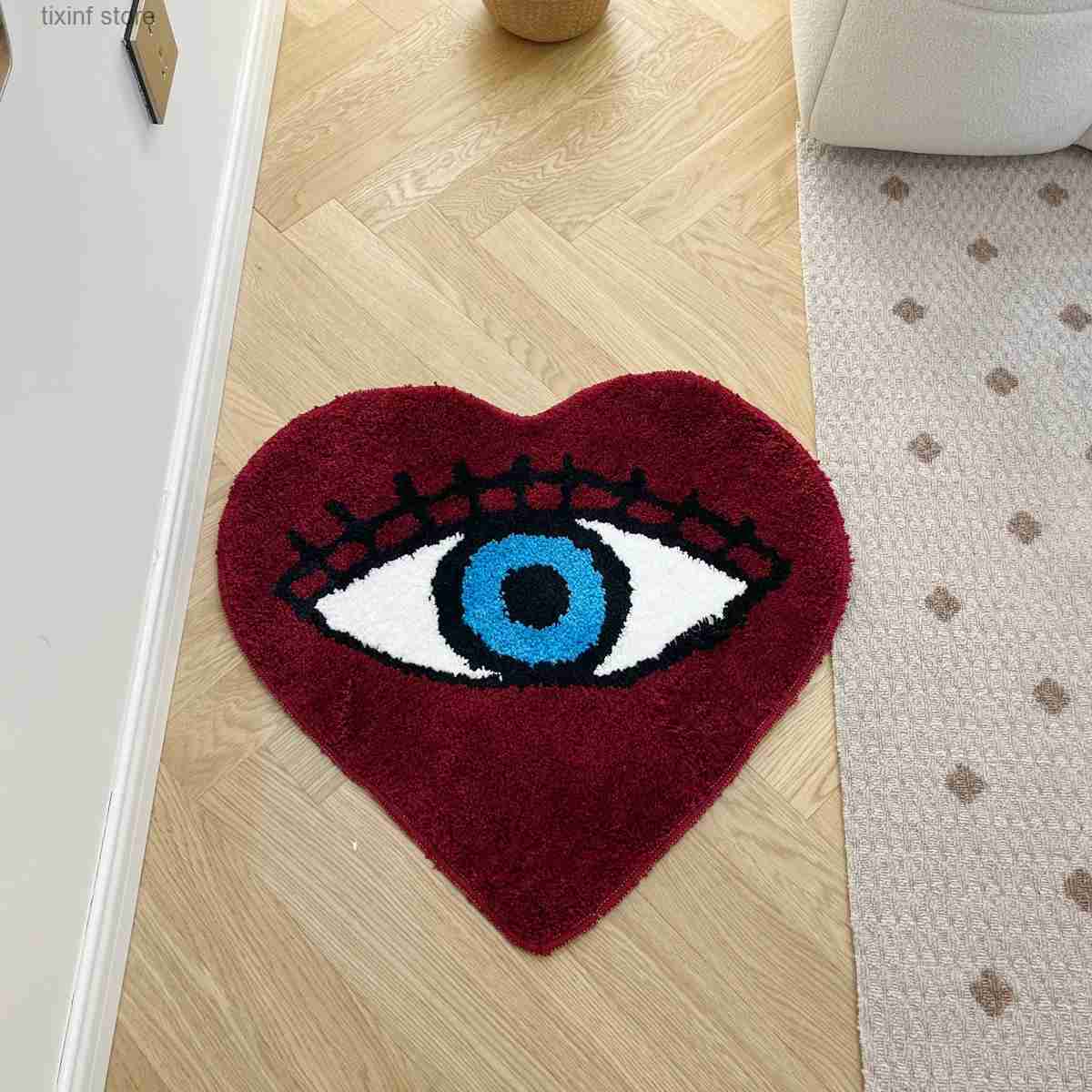 Carpet Red Heart Tufting Rug Blue Eye Doormat Irregular Thickened Antislip Carpet Tufting Fluffy Carpets Living Room Bedside Floor Mat T240219