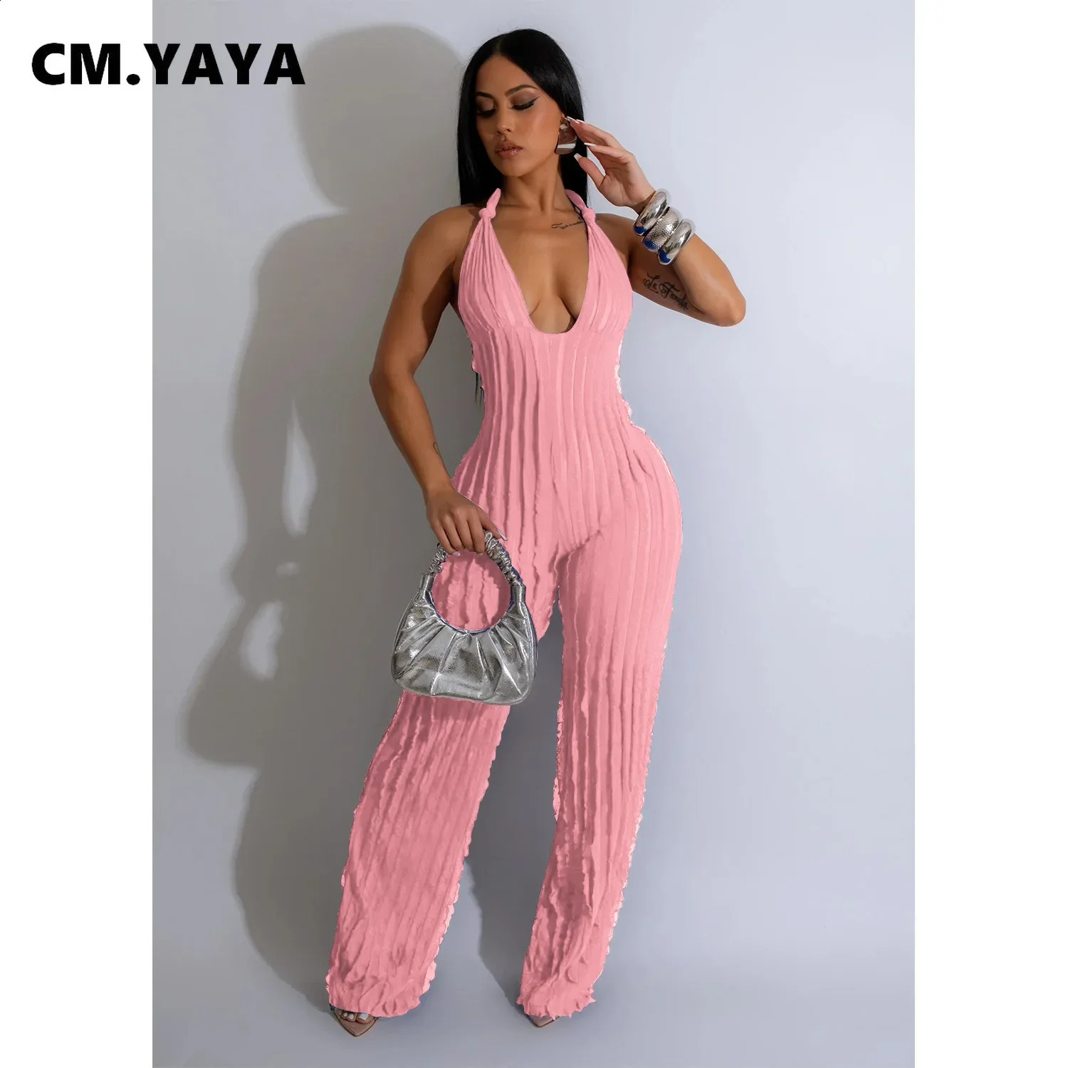 CM.YAYA Fashion Ruffles Women Halter Deep V-neck Backless Wide Leg Jumpsuit Sleeveless Chic Playsuit Suit Romper 240129