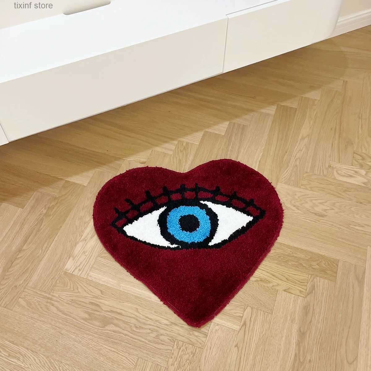 Carpet Red Heart Tufting Rug Blue Eye Doormat Irregular Thickened Antislip Carpet Tufting Fluffy Carpets Living Room Bedside Floor Mat T240219