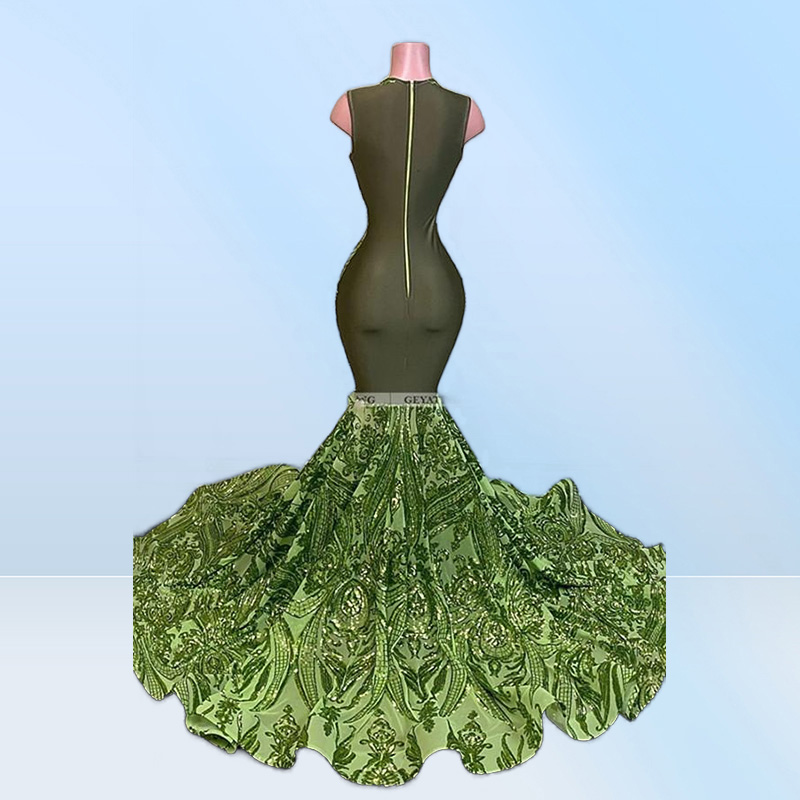 NEW Sparkly Sequin Olive Green Mermaid African Prom Dresses Black Girls Long Graduation Dress Plus Size Formal Evening Gowns