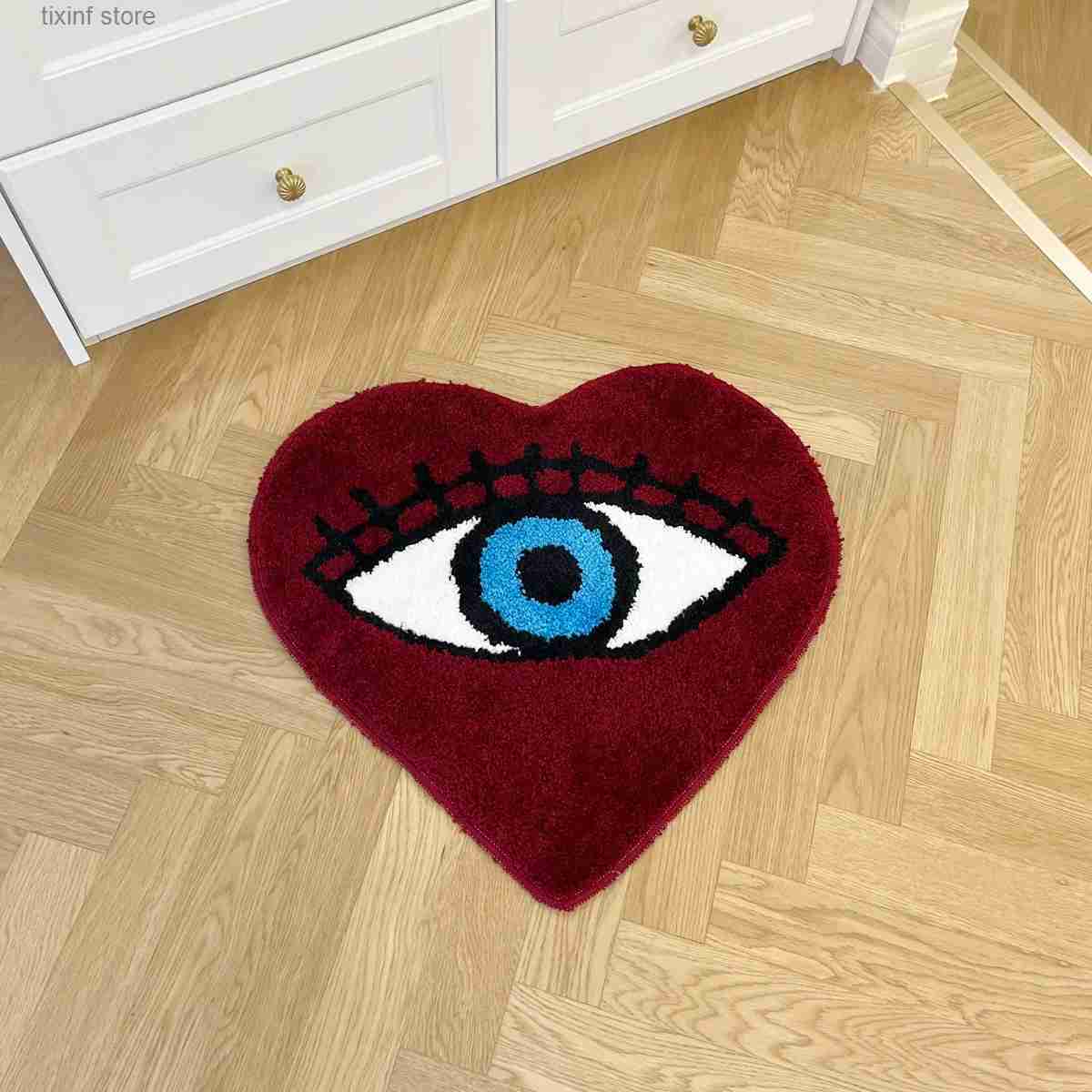 Carpet Red Heart Tufting Rug Blue Eye Doormat Irregular Thickened Antislip Carpet Tufting Fluffy Carpets Living Room Bedside Floor Mat T240219