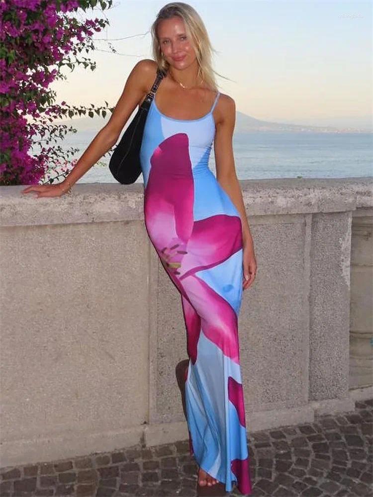 Casual Dresses Tossy Printed Spaghetti Backless Maxi Dress Women Fashion Slim Elegant Contrast Patchwork Halter Autumn Long