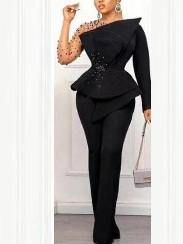 AOMEI Women Jumpsuit Vintage Beaded Long Sleeve Patchwork Mesh Romper Beading Elegant Party Birthday Event African 240129