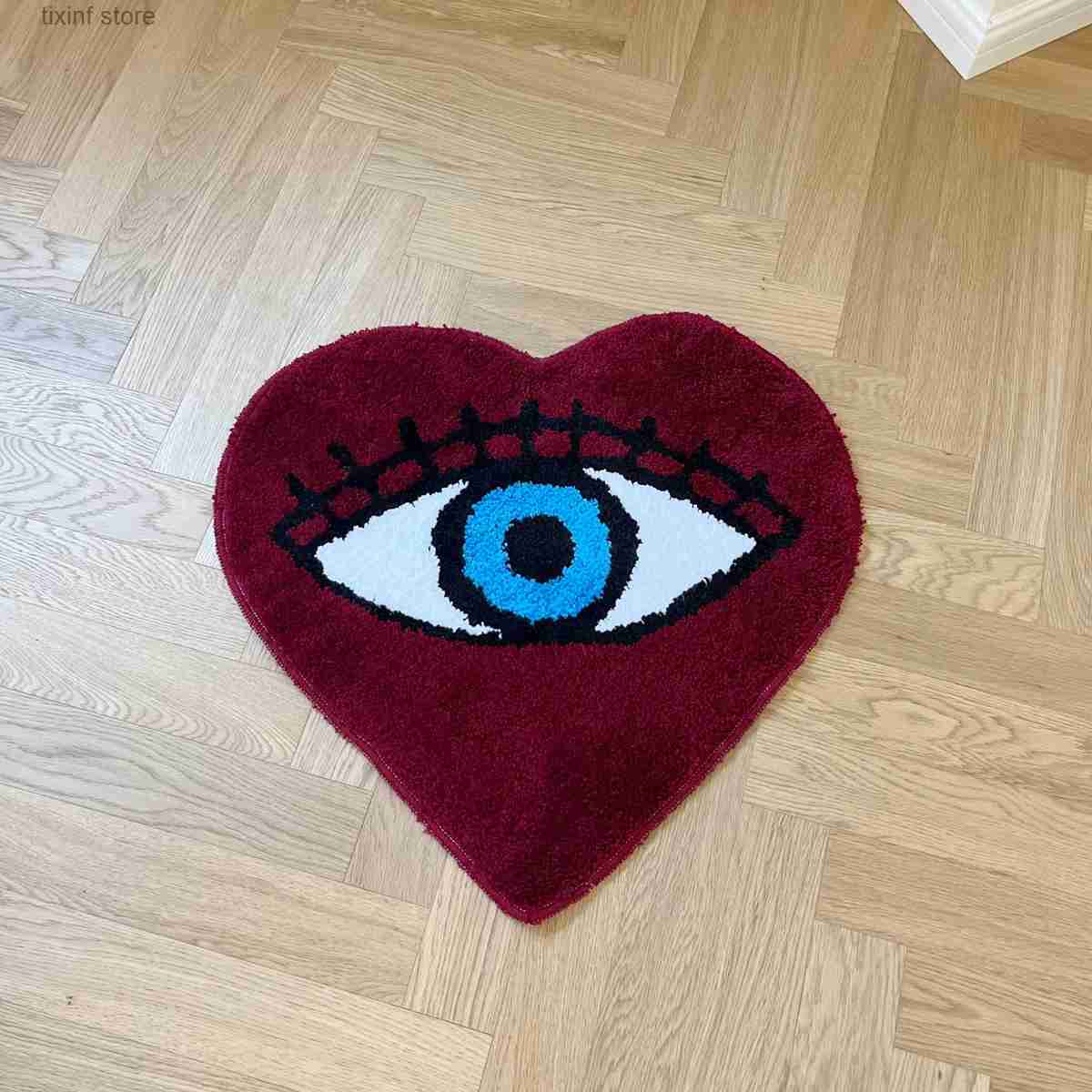 Carpet Red Heart Tufting Rug Blue Eye Doormat Irregular Thickened Antislip Carpet Tufting Fluffy Carpets Living Room Bedside Floor Mat T240219