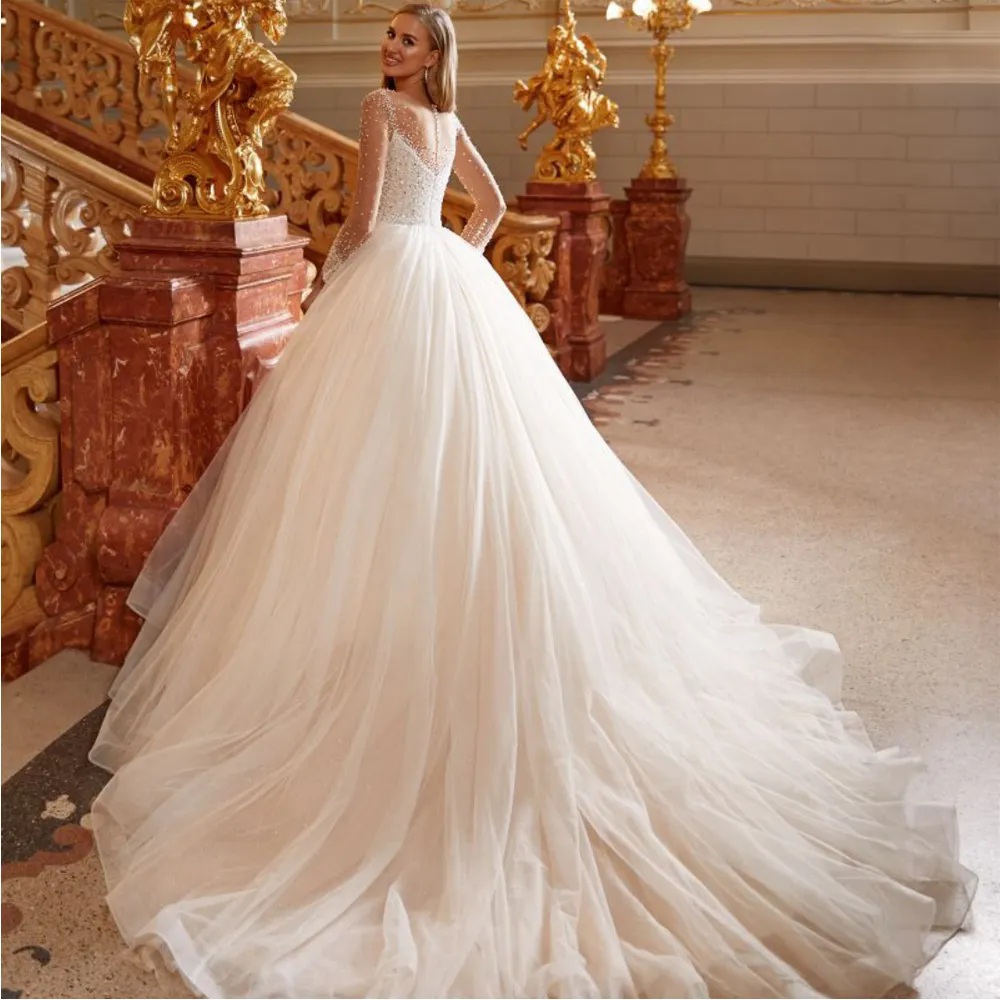 Beading Ball Gown Wedding Dress for Transparent Long Sleeve vestidos de mariage Tulle Princess Bridal Dresses