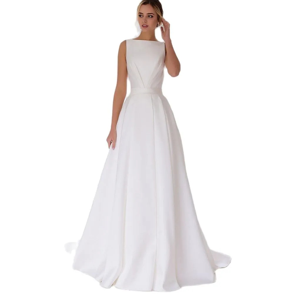 Sleeveless Boat Neck A E Wedding Dresses Button Back Ruched Satin Bridal Gown Bow Tie Belt Garden Mariage
