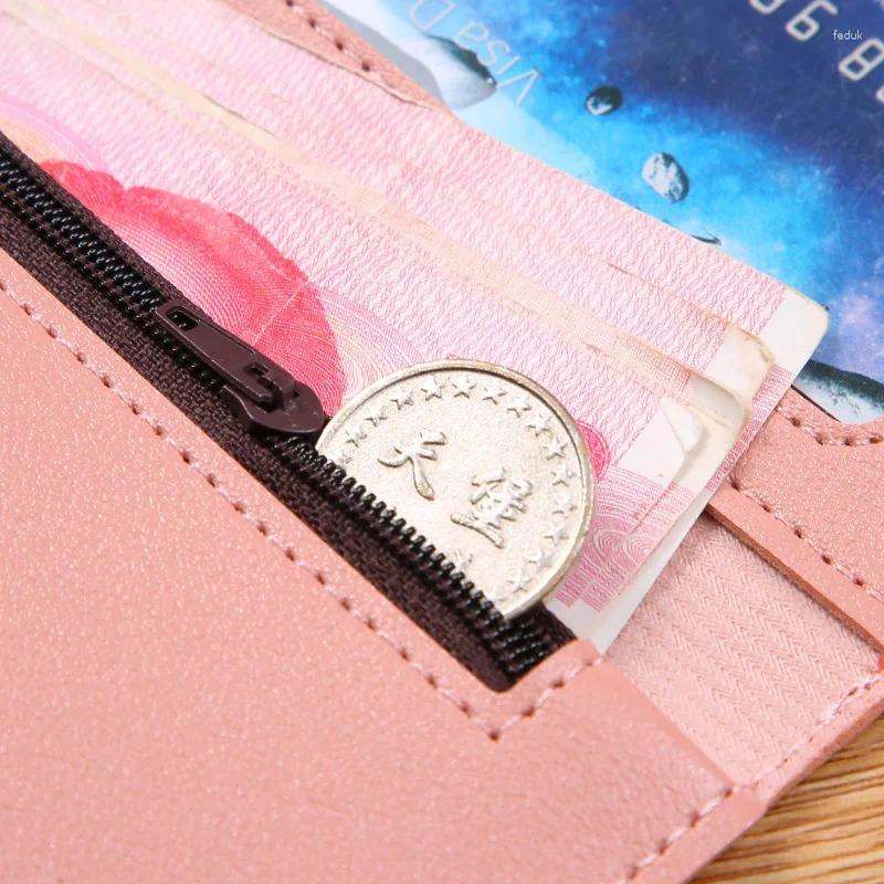 Wallets Multifunctional Snap Button PU Leather Women Long Hasp Fold-over Coin Purses Solid Colors Ladies Thin Clutch Phone Bag