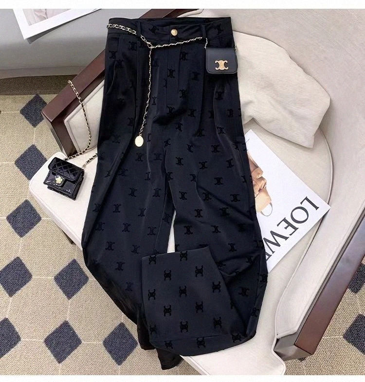 Designer Women's high waist pants with belt logo print black color long trousers plus size SMLXLXXL3XL4XL K0M9#