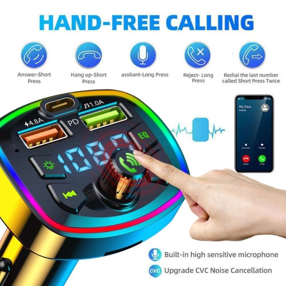 Car Bluetooth 5.0 FM TransmitterDual USB PD Type-C Fast Charging Hands-free Call Phone Charger MP3 Player