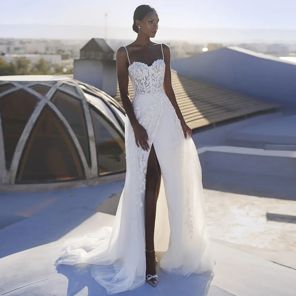 High High Slits A E Dresses Spaghetti Strap Bead Summer Bridal Lace Appliques Beach Wedding Gowns 6660312