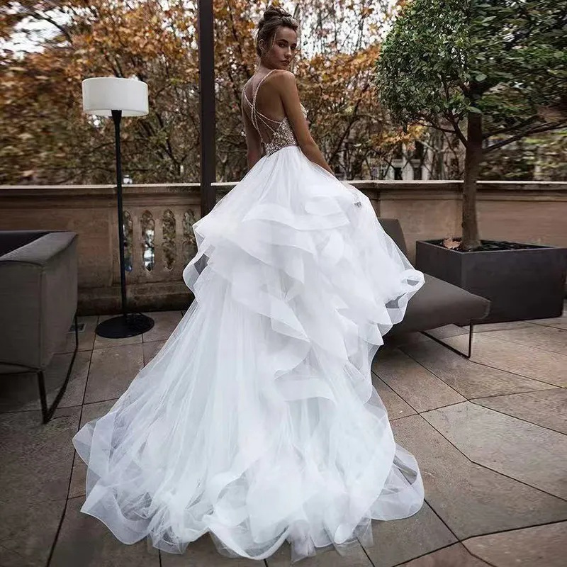 Chic Cascading Ruffles Wedding Dresses Spaghetti Strap Puffy Skirt Vestido De Novia Bead Top Cross Bridal Gown Vestidos De Novia 6660312