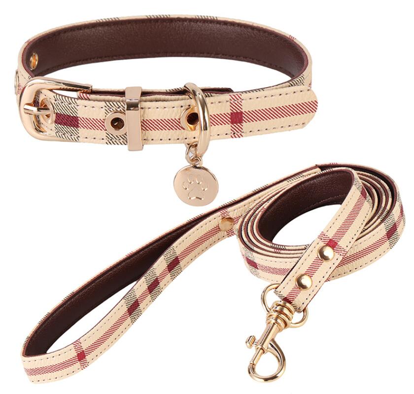 Dog Collars Leashes Designer Leather Collar and Leash Set Adjustable Basic Check Pattern Durable Harness with Metal Buckle