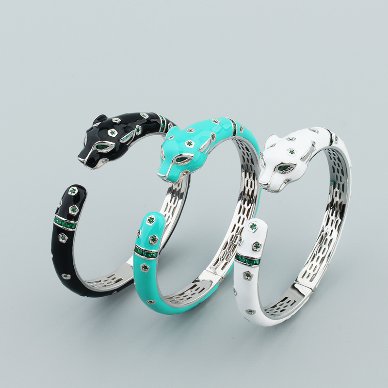 3 ColorsLeopard Bangle Ring Set Personalized Men's Women's Copper Plated Open Bracelet Cute Leopard Enamel Drip Glue Bracelet Hiphop Rock Pu