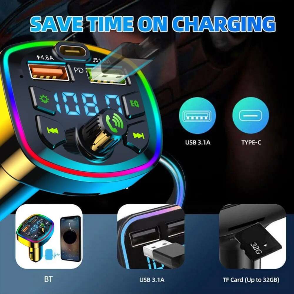 Car Bluetooth 5.0 FM TransmitterDual USB PD Type-C Fast Charging Hands-free Call Phone Charger MP3 Player