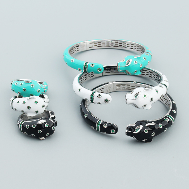 3 ColorsLeopard Bangle Ring Set Personalized Men's Women's Copper Plated Open Bracelet Cute Leopard Enamel Drip Glue Bracelet Hiphop Rock Pu
