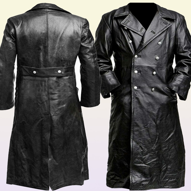 Men's Leather Faux MEN'S GERMAN CLASSIC WW2 UNIFORM OFFICER BLACK REAL LEATHER TRENCH COAT 220922