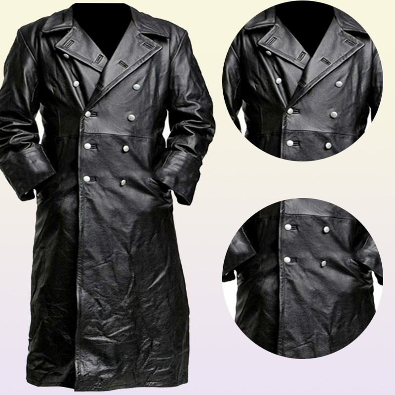 Men's Leather Faux MEN'S GERMAN CLASSIC WW2 UNIFORM OFFICER BLACK REAL LEATHER TRENCH COAT 220922