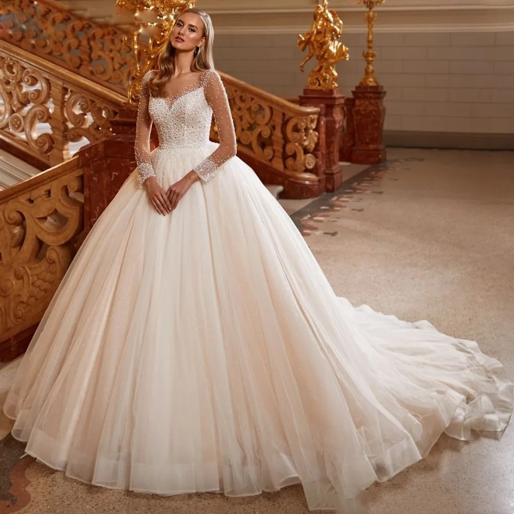 Beading Ball Gown Wedding Dress for Transparent Long Sleeve vestidos de mariage Tulle Princess Bridal Dresses
