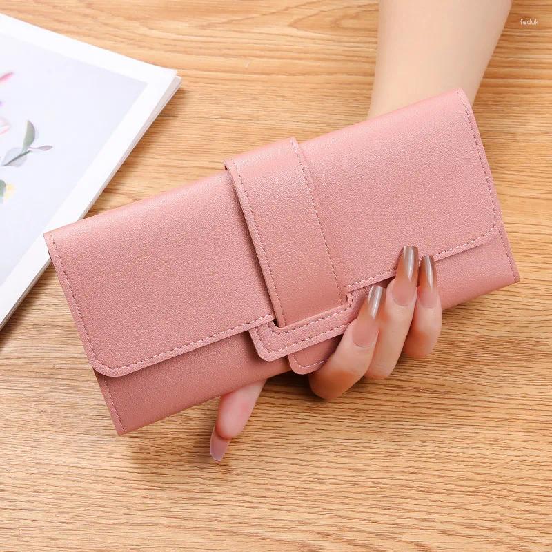 Wallets Multifunctional Snap Button PU Leather Women Long Hasp Fold-over Coin Purses Solid Colors Ladies Thin Clutch Phone Bag