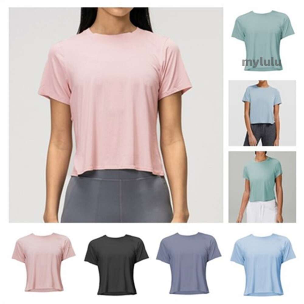 Yoga round neck short sleeved solid color nude sports shaping waist tight fitness loose jogging sportswear womens high-quality T-shirt