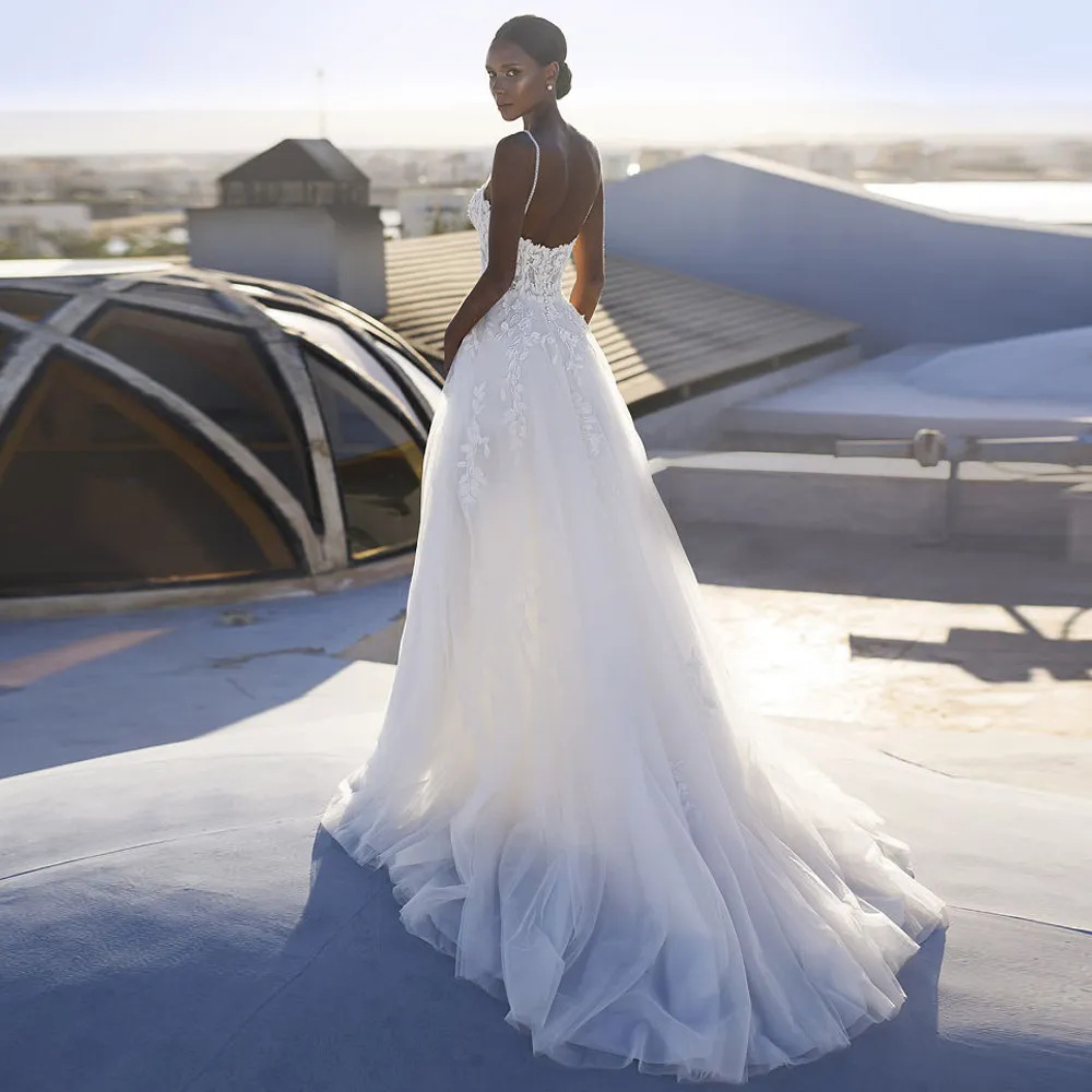 High High Slits A E Dresses Spaghetti Strap Bead Summer Bridal Lace Appliques Beach Wedding Gowns 6660312