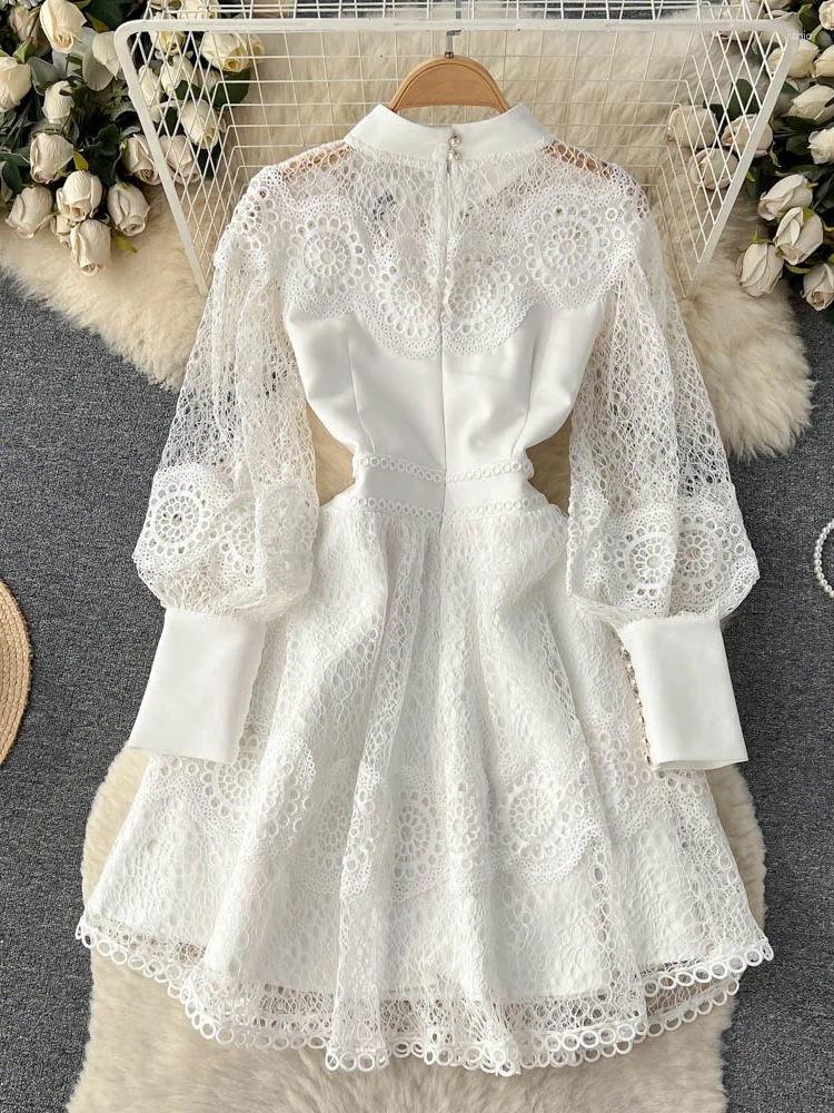 Casual Dresses Vintage Flower Embroidery Hollow Out Lace White Dress Womens Stand Collar Long Lantern Sleeve Pearls Buttons Party Vestidos