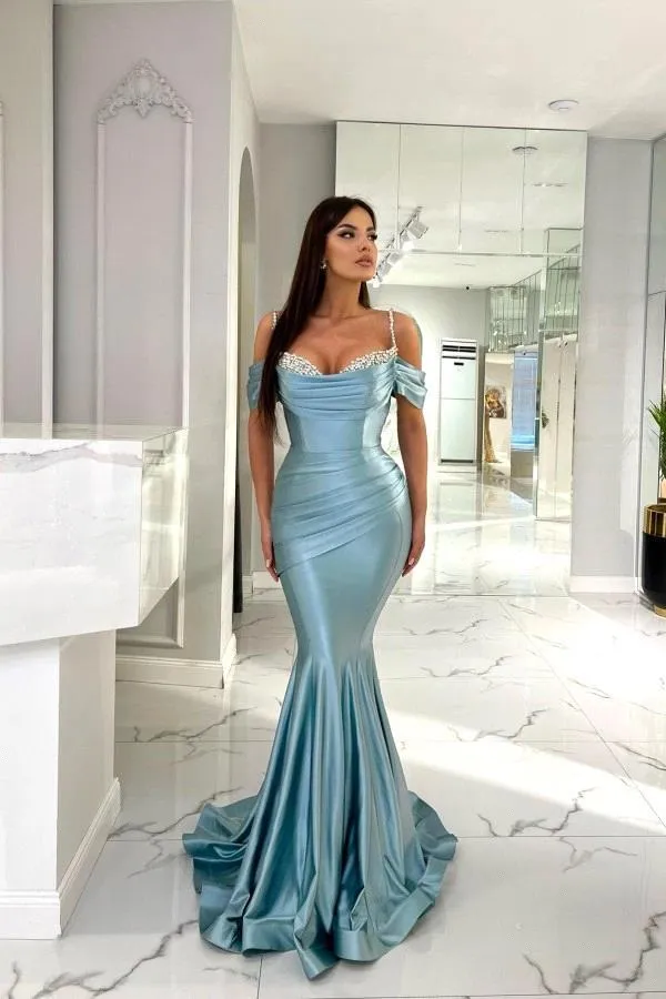 Sexy Pool Blue Mermaid Evening Dresses Spaghetti Straps Beads Sequins Pleats Long Satin Prom Party Gowns Women Formal Ocn Vestido Bc18172