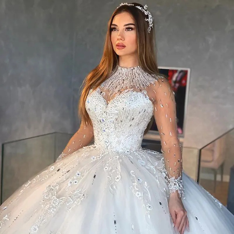 Full Sleeve Wedding Dresses Beading Bridal Gowns Arabic Dubai Princess Robe Mariee Brides Gown Vestido De Noiva 6660312