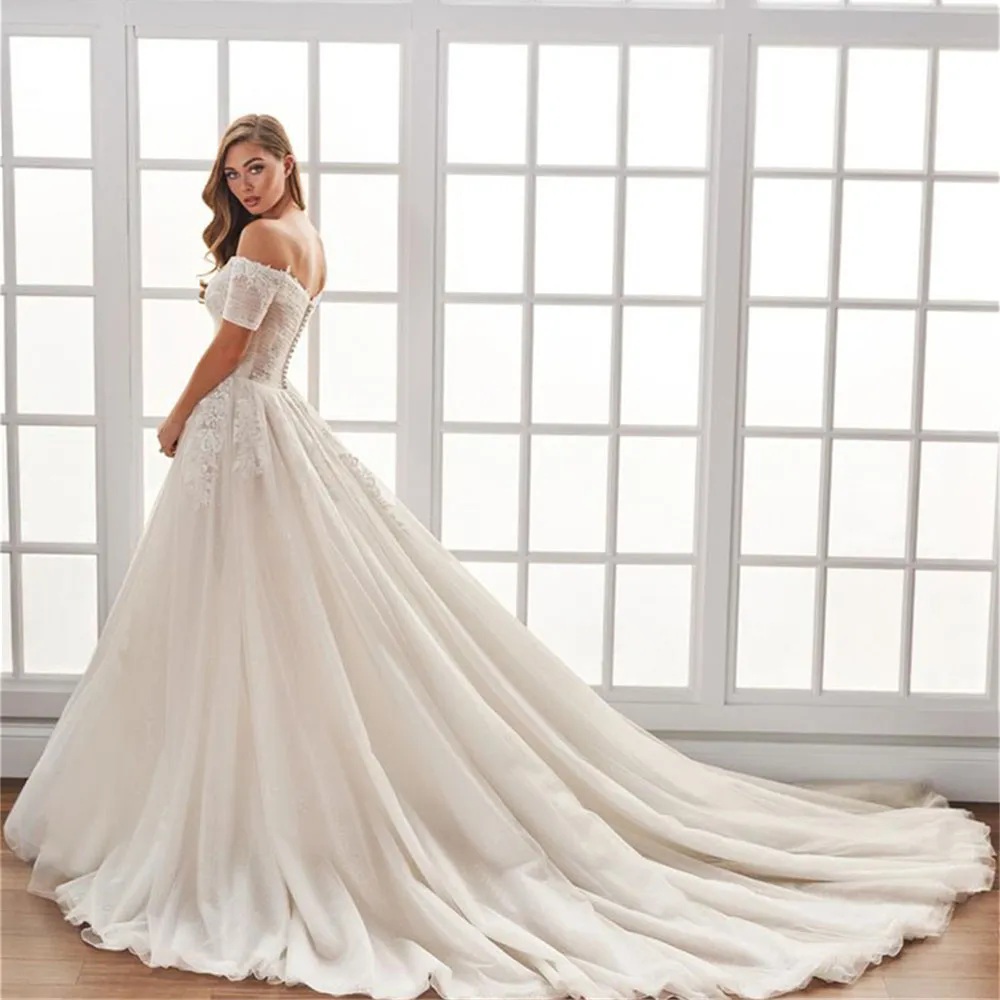 Princess Off The Shoulder Wedding Dresses Pleat A Line Short Sleeve Bridal Gowns with Split Lace Appliques Tulle Bridal Gown Vestido