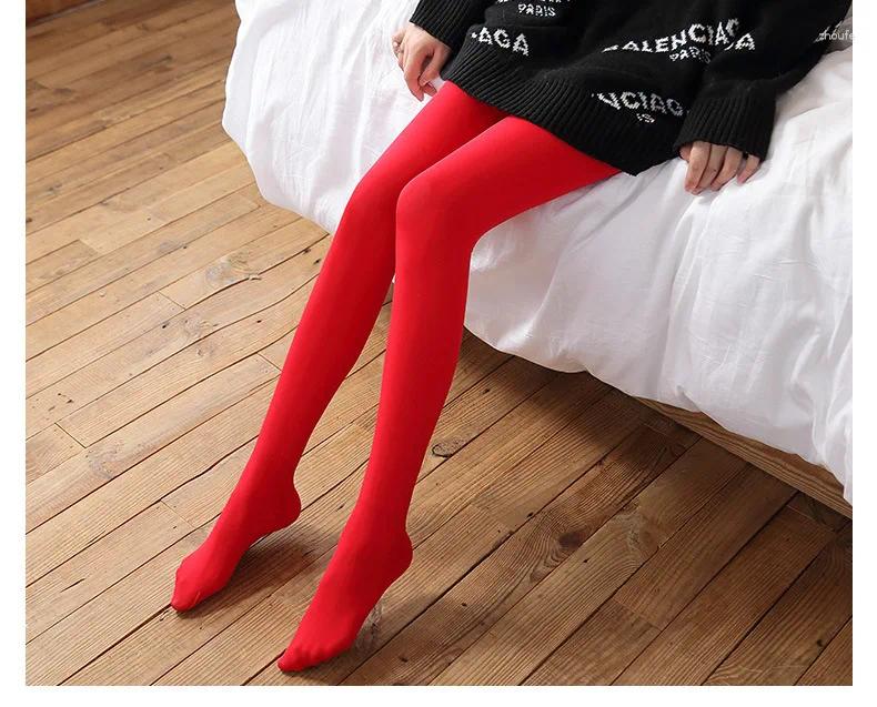 Sexy Socks Women Socks Thermal Pantyhose Woman Fleece Tights Sexy Winter Warm Solid Red Stockings Slim Thicken Elastic Velvet Female Lings z241106
